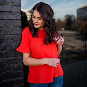 Madewell XS Flare Hem Top Poppy Orange Short Sleeve Textured Swing Blouse